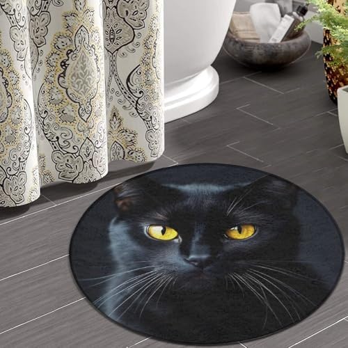 Women's Large Home Decor Mat, Soft Round Yoga Carpet, Non Slip Machine Washable Home Office Circle Rug Black Cat
