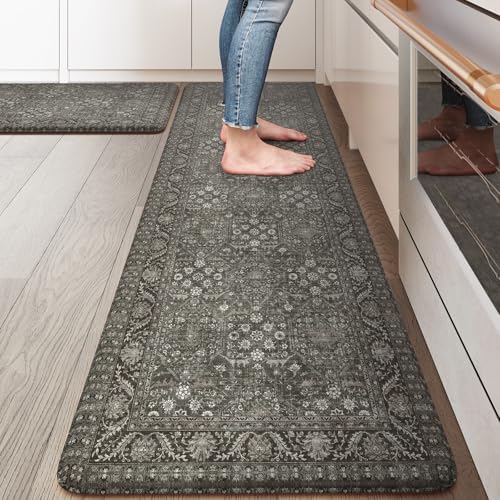 KIMODE Anti Fatigue Kitchen Mat 2PC,Waterproof Farmhouse Green Kitchen Rugs