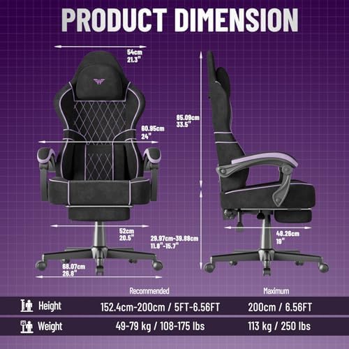 Huracan Ergonomic Gaming Chair with Footrest for Adults, Massage Game Chair High Back, Racing Computer Chair Lumbar Support Extended Seat for Video Game Home Office, Black and Purple