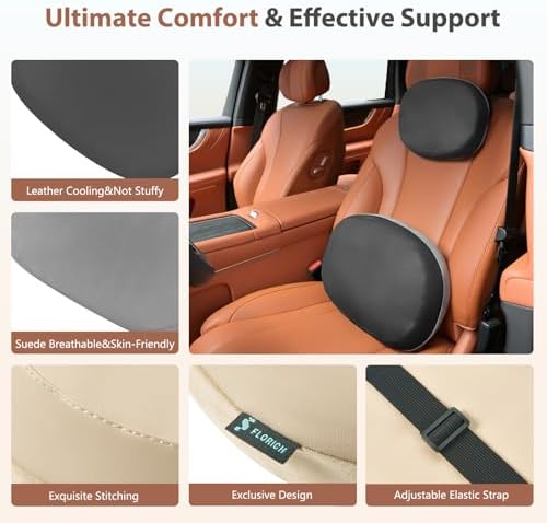 FLORICH Car Headrest and Lumbar Support Pillow for Car Office Chair, Double-Sided Skin-Friendly Suede & Leather Car Seat Pillow and Back Support, Pressure-Relieving Back Support for Car, Office Chair