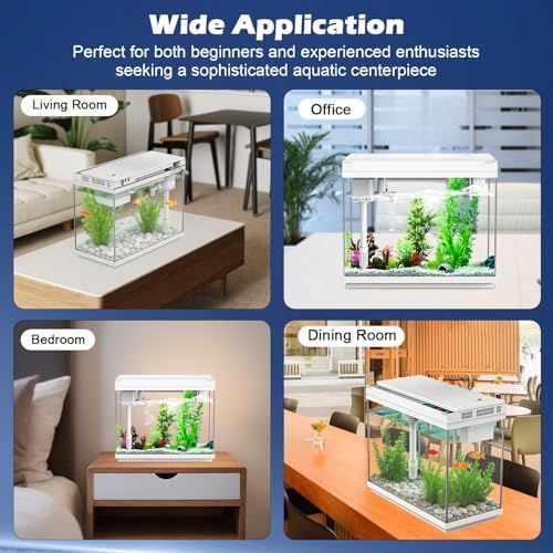 Smart Aquarium Fish Tank with Silent Water Pump, 2.4 Gallon Small Aquarium with Quick Start Kit, Temperature Display, Humidifier and RGB Lights, Perfect for Home, Office, and Decor, White