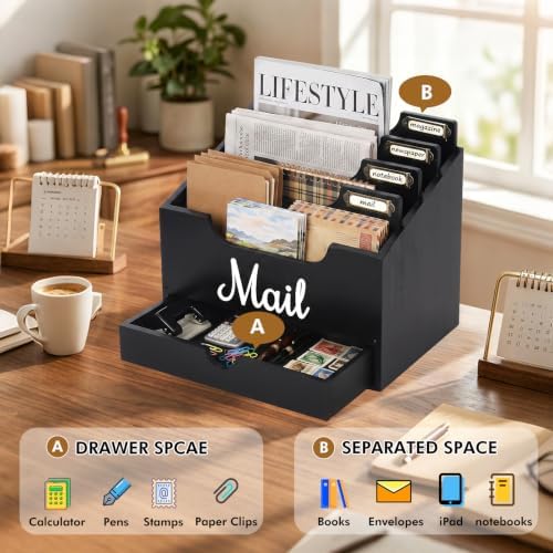 Rustic Wood Mail Organizer Countertop with Drawer, 4-Slot Removable Divider Mail Sorter, Black Desktop Mail Holder, Multi-Functional Bill File Stationary Organizer for Home Office Classroom
