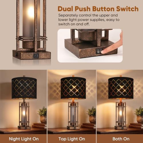 WIHTU Vintage Finish Table Lamp Set of 2 with USB Ports, Metal Desk Lamps