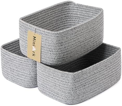 MiniArk Small Storage Baskets for Organizing | Closet Organizer Bins | Shelf Toy Basket | Woven Rope Baskets | Cube Decorative Box | Shallow Basket | 11.5x7.5x4.7” | 3 Packs Mixed Grey