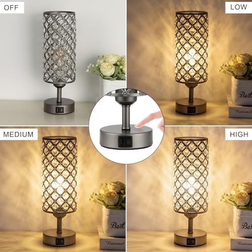 Gray Crystal Bedside Lamp, Nightstand Lamp for Bedroom (Bulb included)