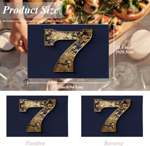Shrahala Golden Number 7 Placemats, Glittery Golden 7 On Navy Table Mat Linen Burlap Washable Double-Deck Heat Insulation for Dining/Kitchen Table Set of 4 (12 x 18 inch)