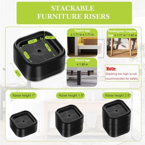 6 Pack Furniture Risers 2 Inch, Adjustable Bed Risers Heavy Duty for Table Desk Couch Chair Sofa Cabinet Bed Legs Dorm, Square Stackable Bed Raisers Blocks Lift Height 1", 2",3"or 4", Black