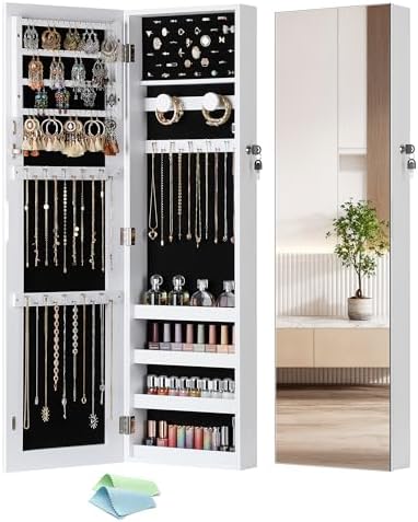 Nicetree Jewelry Cabinet Armoire, Hanging Jewelry Organizers and Storage, Lockable Jewelry Cabinet with Full-Length Mirror, Wall or Door Mount Jewelry Mirror Cabinet, Shelves, Polishing Cloth