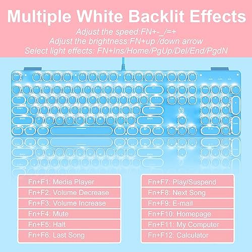 YSCP Typewriter Style Mechanical Gaming Keyboard White Backlit Wired with Blue Switch Retro Round Keycap 104 Keys Keyboard (Blue)