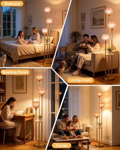 Lightdot Lotus Glass Floor Lamp with Shelf Red Flower Gold Floor Lamps