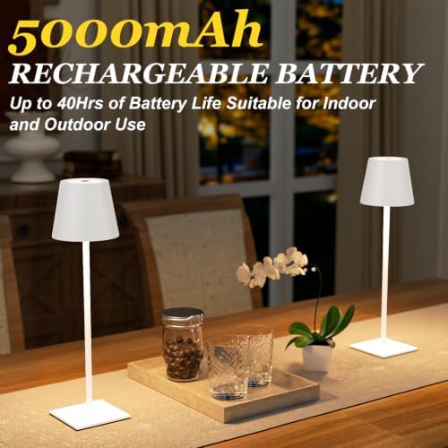 Kakanuo White Gold Cordless Rechargeable Table Lamp 5000mAh Battery Operated Lamps, 3 Colors Stepless Dimming Touch Lamp for Living Room, Kitchen Counter, Dining, Outdoor Patio, 2 Pack