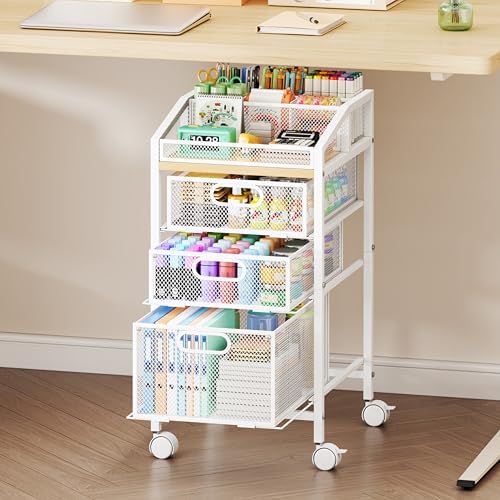 SWTYMIKI Rolling Utility Cart with Drawers - Under Desk Storage Cart with DIY Divider & Lockable Wheels, Multi-Functional Craft Art Supply Organizer for Office, Vanity, Craft Room & Studio White