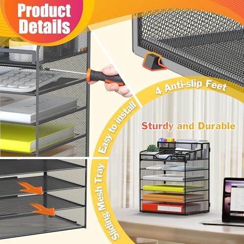 Docnest 6 Tier Mesh Desk Organizer with Letter Tray & Paper Sorter, Black