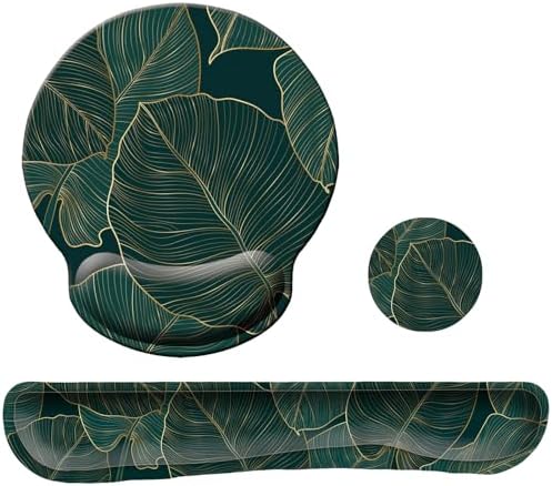 Keyboard Wrist Rest Pad Mouse Pad with Wrist Support Set of 3, Mousepad with Non-Slip Rubber Base, Ergonomic Memory Foam Mouse Wrist Cushion Support for Home Office Laptop Computer, Green Leaves