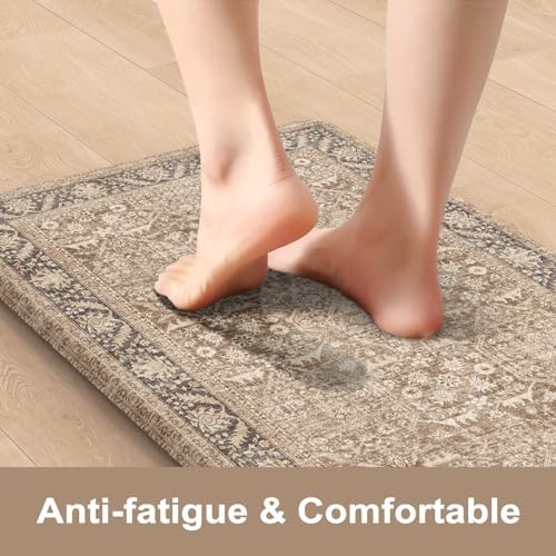 KIMODE Anti Fatigue Kitchen Mat, Boho Distressed Kitchen Rugs Sets of 2