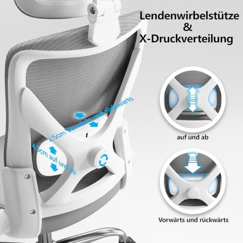 TRALT Office Chair - Ergonomic Office Chair with Adjustable Lumbar Support Headrest Office Desk Chair - Gaming Chair in X-Shape Office Chair - Desk Chair Computer Chair 150 kg White/Grey