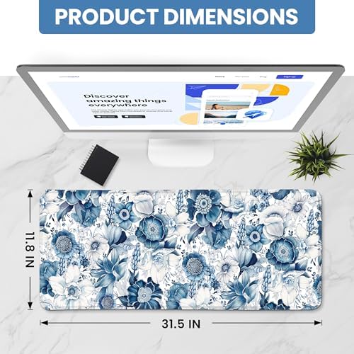 Aesthetic Desk Mat, Cute Blue Floral Desk Pad Protector for Work & Decor, 31.5" x 11.8", Pretty Non-Slip Extended Mouse Pad for Office or Home