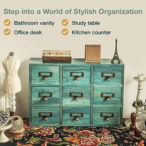 Teal Wooden Drawer Organizer for Desktop - Vintage Apothecary Cabinet w/ 9 Drawers - Wood Desk Organizer - Home Office Desk Organizers and Accessories - Tabletop Chest of Drawers for Bedroom
