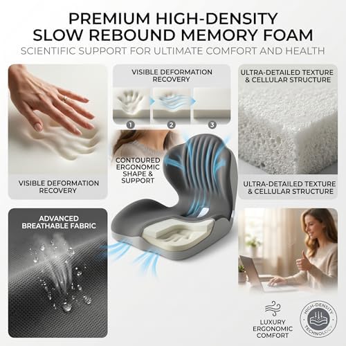 L-Shaped Memory Foam Seat Cushion with Lumbar Support, Integrated Ergonomic Back Pillow for Office Chair and Car Seat, Sciatica and Tailbone Pain Relief, Non-Slip Bottom, Universal Fit (Gray)