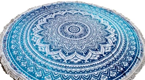 Round Beach Tapestry Turquoise Mandala Throw/Boho Hippie Beach Blanket Roundie/Indian Cotton Bohemian Large Round Table Cloth-Home Decor/Yoga Mat Meditation Picnic Rug (42", Blue and White)
