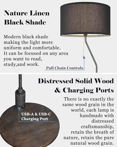 ELYONA C Shaped End Table Floor Lamp with USB A+C Charging Ports Wood Side Table Modern Reading Light Black Linen Shade Farmhouse Tall Standing Lamp for Living Room Bedroom Office LED Bulb Included