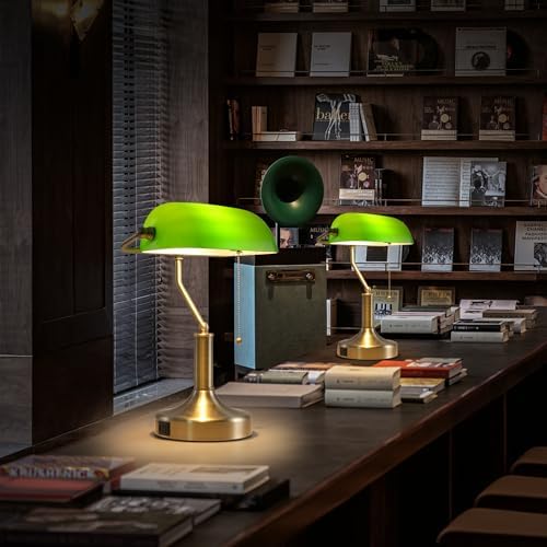 Banker Desk Lamp Green Glass, Antique Desk Lamps with Brass Base, Traditional Library Table Lamp with USB A and Type C Charging Port for Office, Study Room, Pull Chain Switch