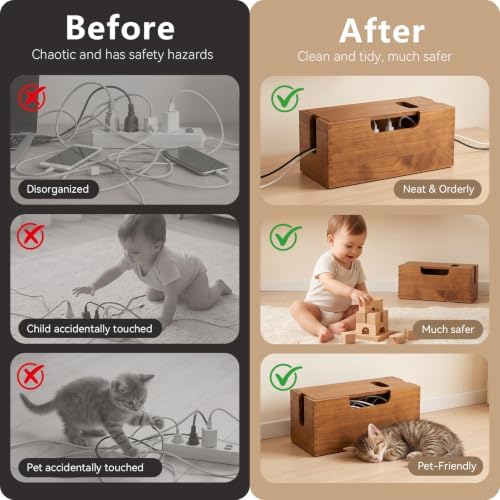 2 Pack Acacia Wood Cable Management Box with Magnetic Lid, Large Cord Management Box for Power Strip, Desk/Floor/TV Wire Storage, Cord Hider Box Under Desk Storage for Home Office