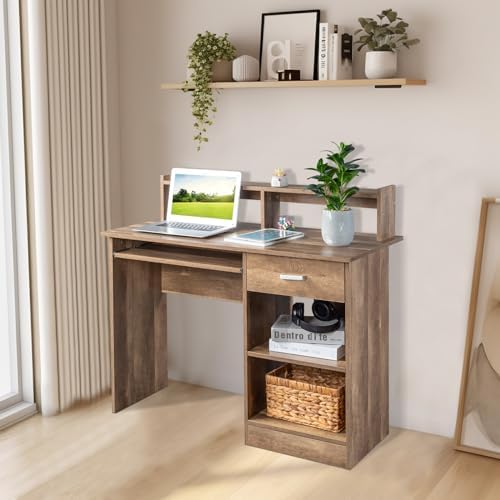 Karl home Computer Desk Study Writing Desk, Wooden Home Office Workstation PC Laptop Table with Drawer Shelf Keyboard Tray, Brown