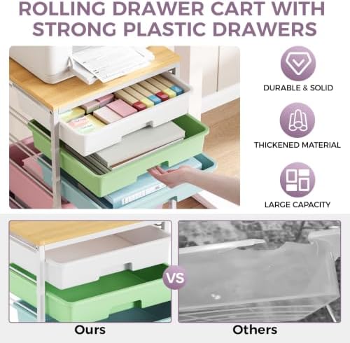 SYKIARIOL 5-Tier Rolling Cart with Drawers with Wooden Top, Ice Cream