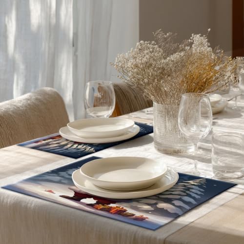 Shrahala Christmas New Year Set of 8 12 X 18 Inch Linen Placemats, Santa Claus Snow Presents Christmas Trees Burlap Table Mat Washable Double Layered Heat Insulation for Indoor