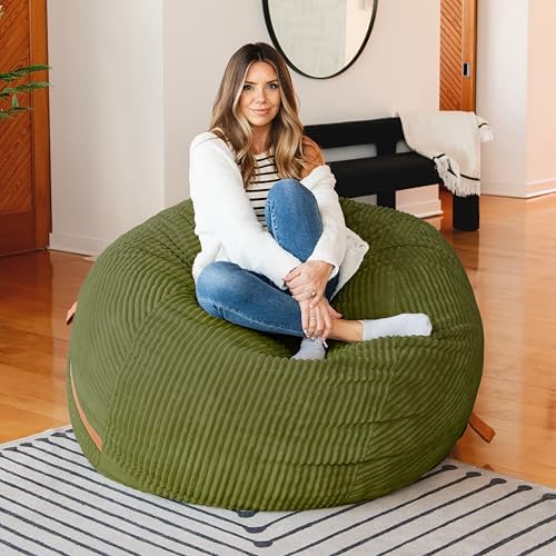 Big Joe Fuf 5Ft Oversized Foam Bean Bag Chair with Removable Cover for Kids, Teens, Adults, Moss Green, Corded Plush, 5 Foot Large Reading and Gaming Seat