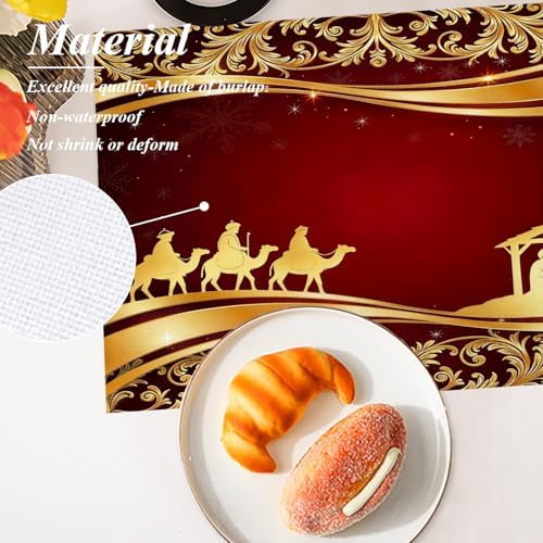 Shrahala Christian Christmas Golden Floral Set of 8 12 X 18 Inch Linen Placemats, Christmas Wise Men Golden Star Bethlehem Burlap Table Mat Washable Double Layered Heat Insulation for Indoor/Outdoor