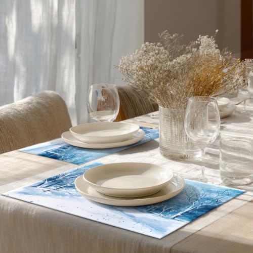 Shrahala Watercolor Winter Landscape Set of 6 12 X 18 Inch Linen Placemats, Blue Snow Fir Snowy Land Burlap Table Mat Washable Double Layered Heat Insulation for Indoor
