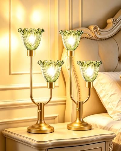 Lightdot Green Bedroom Lamps Set of 2 Flower Glass Table Lamp Dimmable