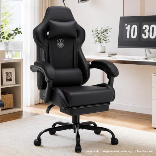 GTPLAYER Gaming Chair with Footrest, High Back Computer Chairs for Adults with Linkage Armrest Lumbar Support Heavy Duty 350lbs Ergonomic Swivel PC Game Chair for Office, Black