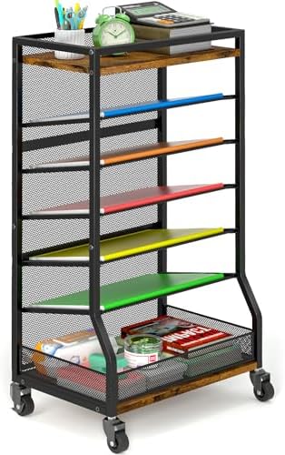 ThreeHio 7 Tier Rolling File Cart with Sliding Trays, Wood Metal File Organizer Beside Desk, Free-Standing File Holder, Paper Letter Tray Organizer Mesh Desk Organizer for Home Office School (Patent)