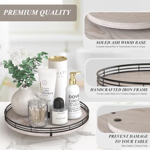 AMH 12-Inch Whitewashed Farmhouse Lazy Susan Tray with Black Metal Frame
