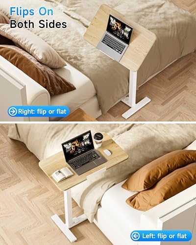 BIZUM Mobile Standing Desk Laptop Desk Pneumatic with Wheels 180° Tilt Top Hospital Bed Table Portable Rolling Cart Foldable Bedside Table for Hospital&Home Use, Maple