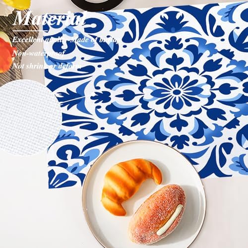 Shrahala Blue White Set of 8 12 X 18 Inch Linen Placemats, Delicate Floral Burlap Table Mat Washable Double Layered Heat Insulation for Indoor/Outdoor