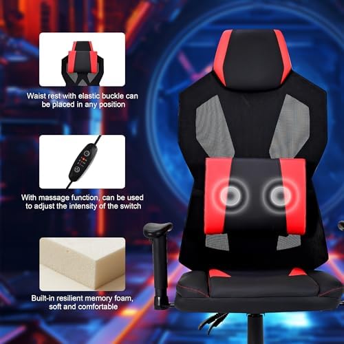Frassie Gaming Chair with RGB LED Lights, Video Game Chair Ergonomic Computer Gamer Chair with Massage Lumbar Support (Red)