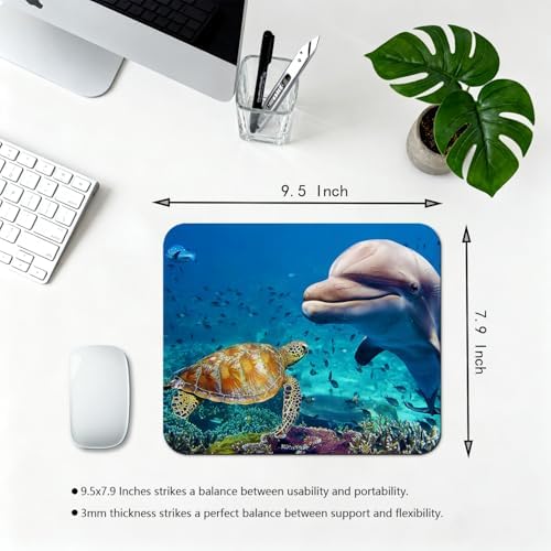 9.5x7.9 Inch Office/Gaming Mouse Pad, Sea Turtle and Dolphin Coral Reef Marine Life Tropical Ocean Animals, Cute Anti-Slip Mat for Desk Decor