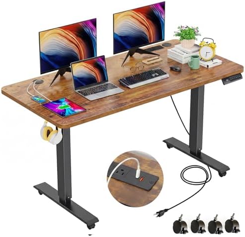 farexon 48 x 24 inch Standing Desk Electric Adjustable Height with Power Outlets, Stand up Desk with Ergonomic Workstation, Preset Heights Home Office Gaming Computer Workstations Table(Brown)