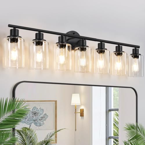 Zarbitta 7-Light Bathroom Light Fixtures, Black Modern Vanity Lights with Clear Glass Shade, Bathroom Wall Lamp, for Mirror, Kitchen, Living Room, Hallway, Cabinet