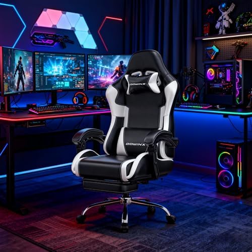 Dowinx Gaming Chair Ergonomic, Massage Lumbar Support, Footrest, Adjustable Height & Headrest Pillow, Heavy Duty 330lbs Office Chair, Comfortable for Back Pain Relief Long Gaming Streaming Black White