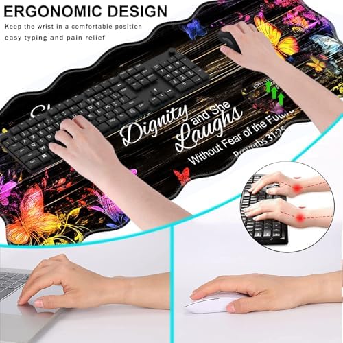 Mouse Pad with Wrist Support + Desk Mat + Coaster 3 in 1 Set, XL Large Gaming Mousepad Ergonomic Mouse Pads for Desk Computer Laptop Office,Floral Butterfly Bible Verse Proverbs 31-25