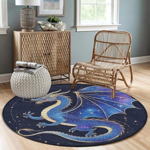 Large Home Decor Mat, Soft Round Yoga Carpet, Non Slip Machine Washable Kitchen Office Circle Rug Dragon Space