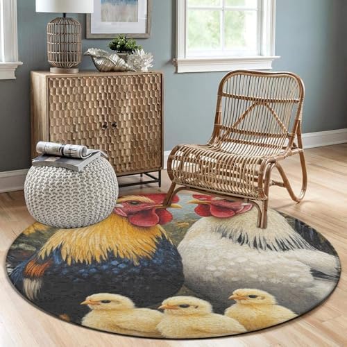 Large Round Area Rug Home Decor Modern Bathroom Rug Kitchen Office Circle Rug for Living Room Sofa Circle Cute Mat Chicken Rooster Garden Flowers Painting, 24inch