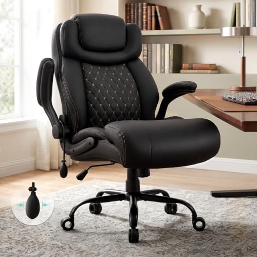 500LBS Big and Tall Executive Office Chair with Adjustable Lumbar Support,Extra Wide Seat for Ergonomic Computer Desk Chair Flip-up Arm,Home Office Chair Spring Cushion Upgraded Metal Base, PU Black