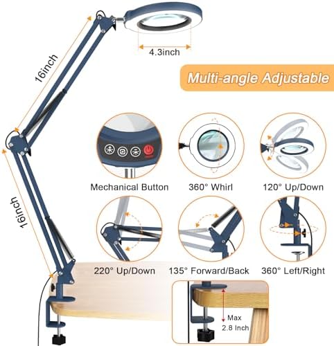 12X Large Magnifying Glass with Light and Clamp, Real Glass, 5 Color Modes, Stepless Dimmable, 2 x 16 Inch Adjustable Swing Arm Stand Desk Lamp, LED Lighted Magnifier Hands Free for Close Work - Blue