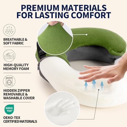BUYUE Kids Travel Pillows for Airplane, Memory Foam 360° Head Support Sleeping Essentials for Long Flight, Skin-Friendly Soft Neck Pillow for Traveling in Car Seat, (Small, Green Grey, 40-90 lbs)